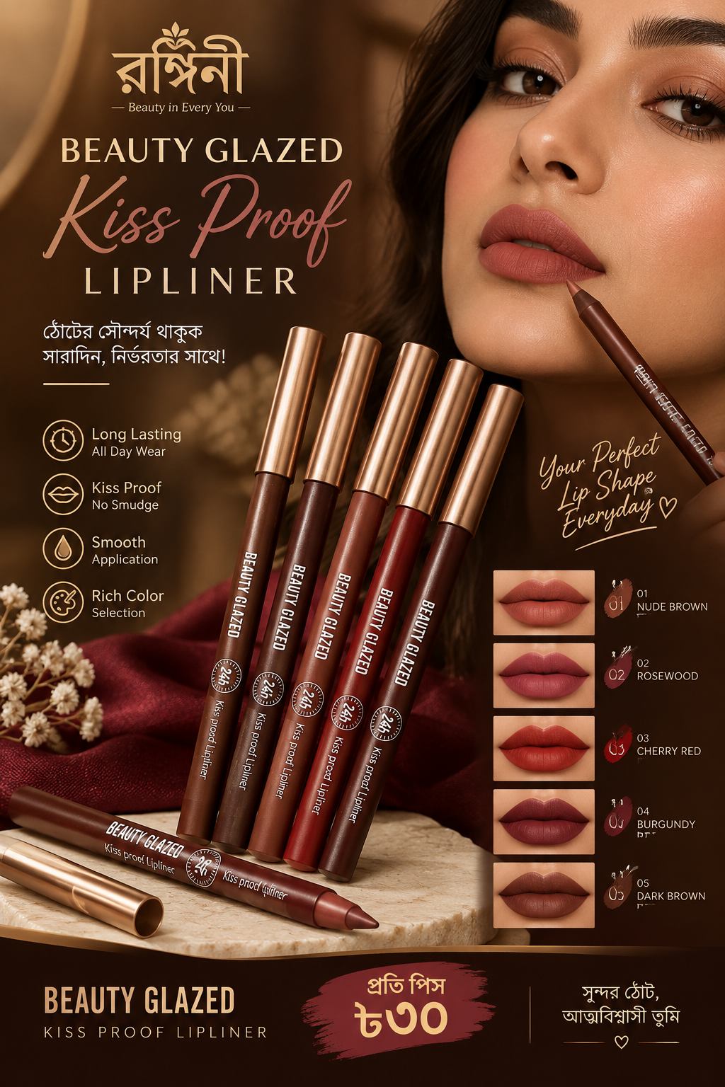 Beauty Glazed Kiss Proof Lipliner – সুন্দর লিপ শেপের পারফেক্ট টাচ! 💋